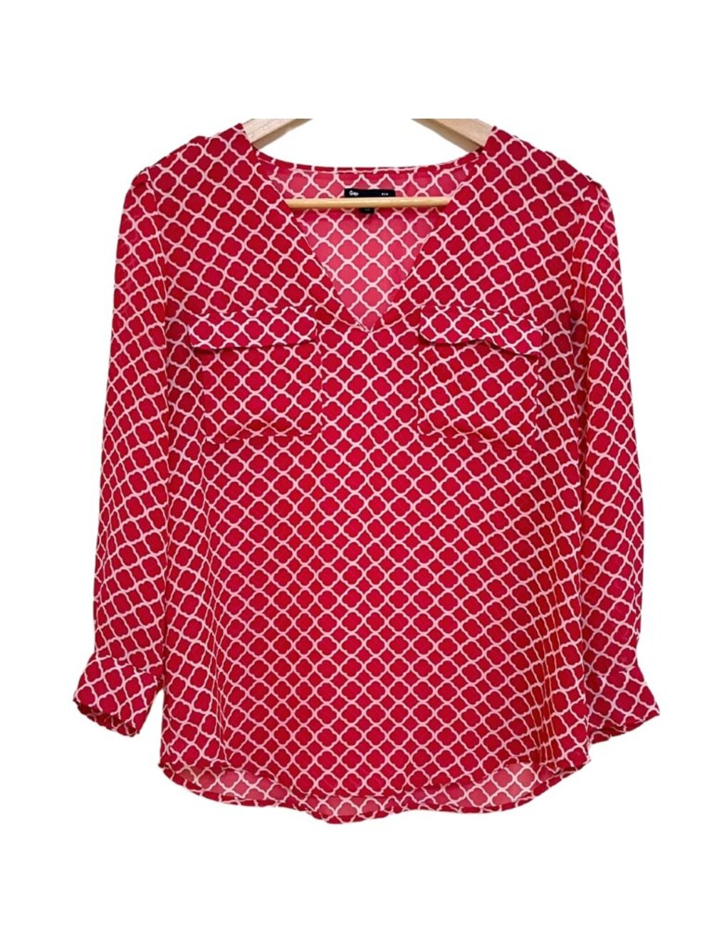 Gap Semi-Sheer Geometric Quatrefoil Pink & White V-Neck Long Sleeve Blouse – S